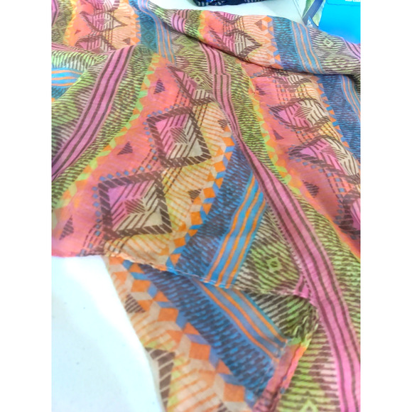 Infinity Scarf Orange Blue Aztec Design 68" X 23 Sheer Lightweight - Picture 5 of 8